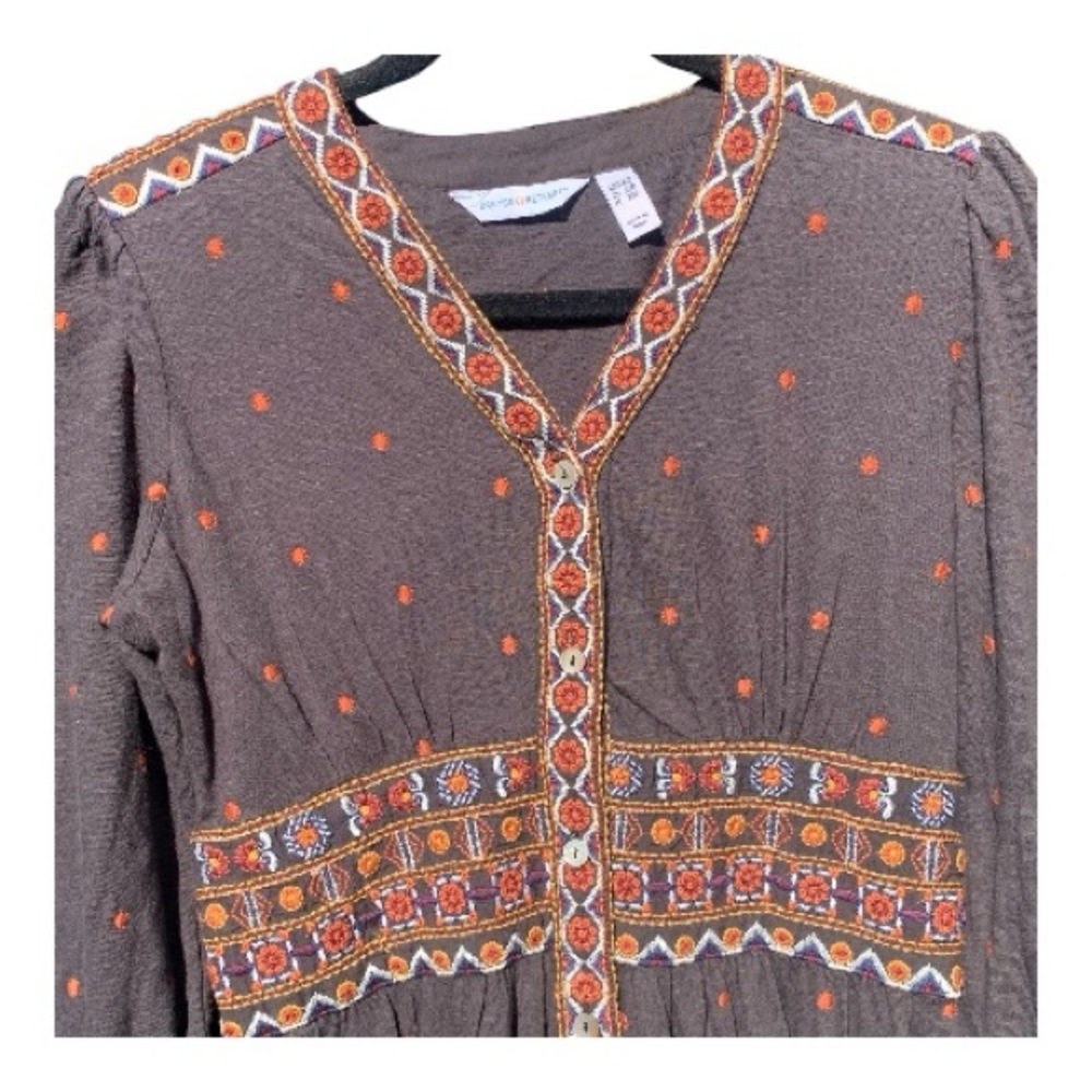 Denim & Co Canyon Retreat Button Down Midi Dress Brown with Embroidery XXSP - Picture 4 of 12